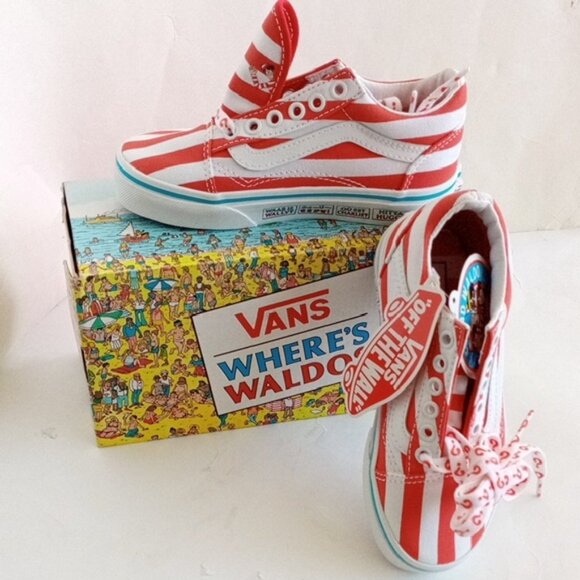 Vans Of The Wall Red and White Stripe Where's Waldo Sneakers Size US Kids 12 - Picture 8 of 14